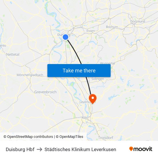 Duisburg Hbf to Städtisches Klinikum Leverkusen map