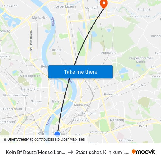 Köln Bf Deutz/Messe Lanxess Arena to Städtisches Klinikum Leverkusen map