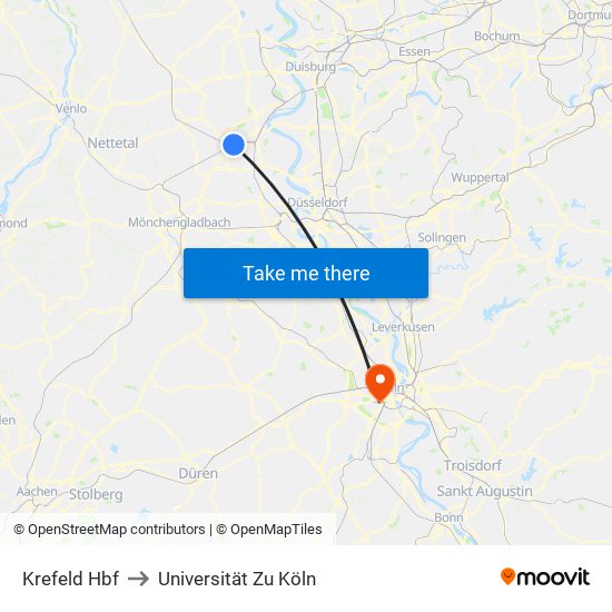 Krefeld Hbf to Universität Zu Köln map