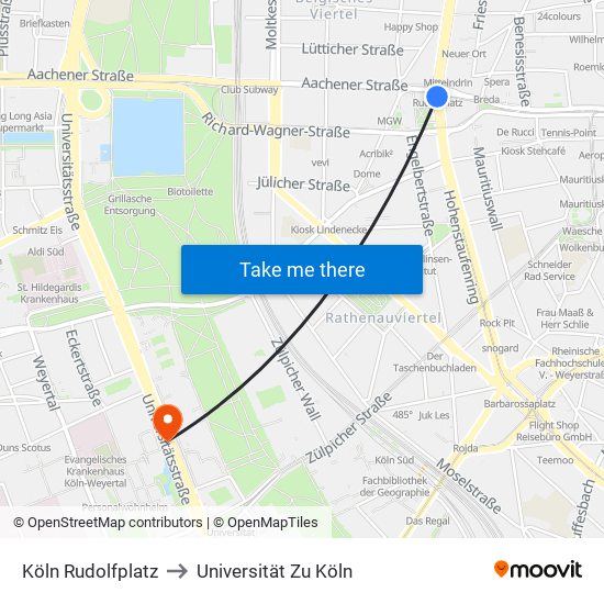 Köln Rudolfplatz to Universität Zu Köln map