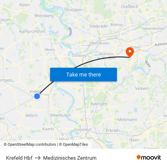 Krefeld Hbf to Medizinisches Zentrum map