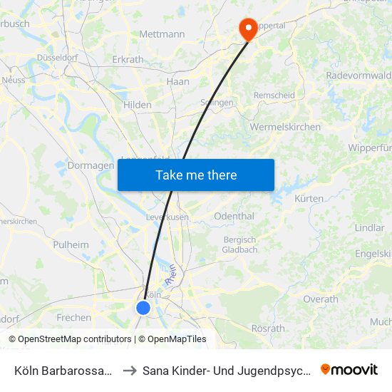 Köln Barbarossaplatz to Sana Kinder- Und Jugendpsychiatrie map