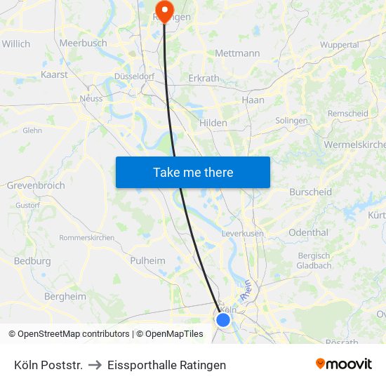 Köln Poststr. to Eissporthalle Ratingen map