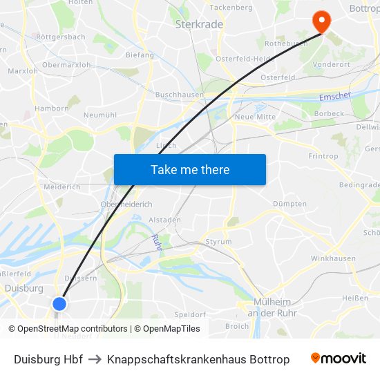 Duisburg Hbf to Knappschaftskrankenhaus Bottrop map