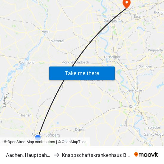 Aachen, Hauptbahnhof to Knappschaftskrankenhaus Bottrop map