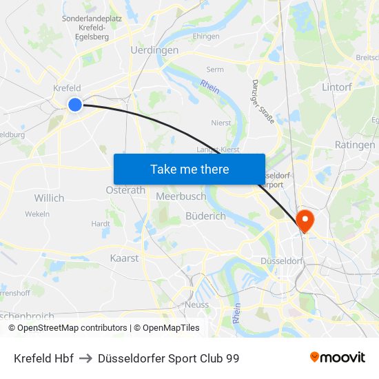 Krefeld Hbf to Düsseldorfer Sport Club 99 map