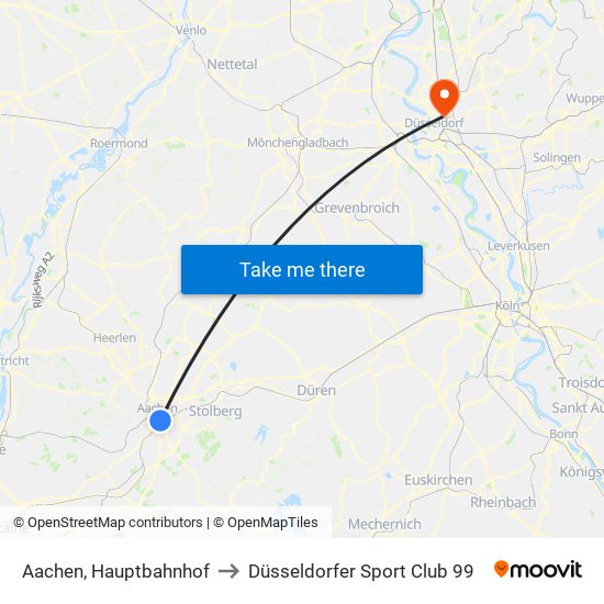 Aachen, Hauptbahnhof to Düsseldorfer Sport Club 99 map