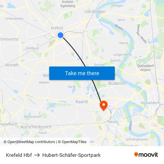 Krefeld Hbf to Hubert-Schäfer-Sportpark map