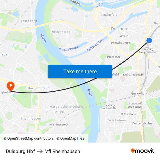 Duisburg Hbf to Vfl Rheinhausen map