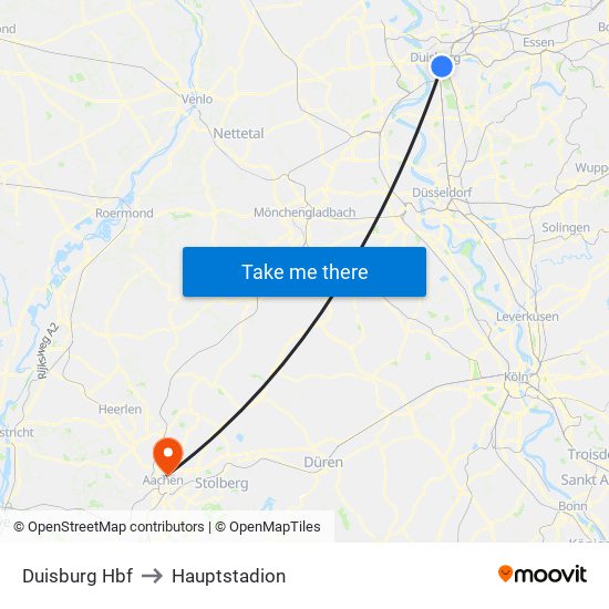 Duisburg Hbf to Hauptstadion map