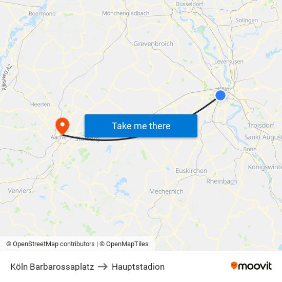 Köln Barbarossaplatz to Hauptstadion map