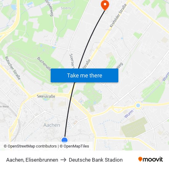 Aachen, Elisenbrunnen to Deutsche Bank Stadion map