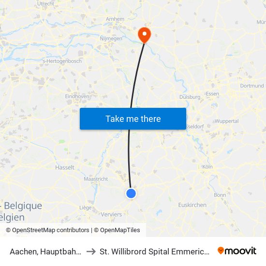 Aachen, Hauptbahnhof to St. Willibrord Spital Emmerich-Rees map