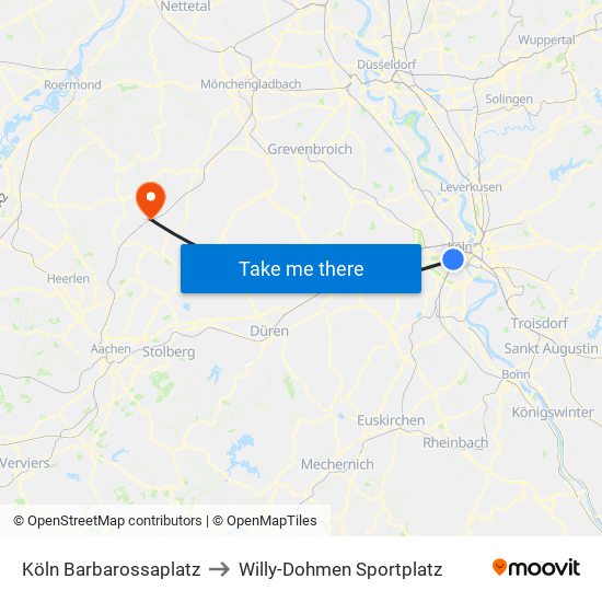 Köln Barbarossaplatz to Willy-Dohmen Sportplatz map