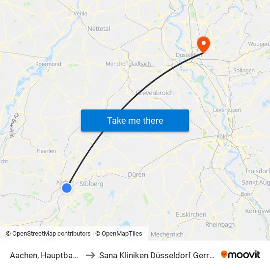 Aachen, Hauptbahnhof to Sana Kliniken Düsseldorf Gerresheim map