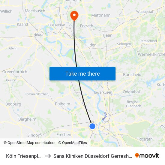 Köln Friesenplatz to Sana Kliniken Düsseldorf Gerresheim map