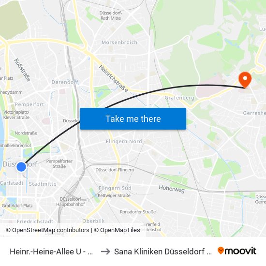 Heinr.-Heine-Allee U - Düsseldorf to Sana Kliniken Düsseldorf Gerresheim map