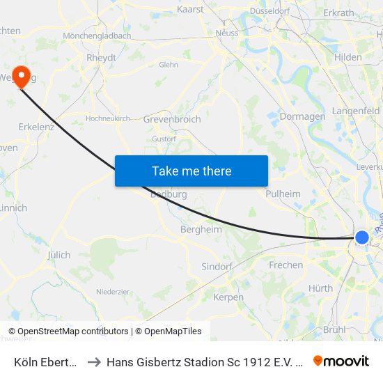 Köln Ebertplatz to Hans Gisbertz Stadion Sc 1912 E.V. Wegberg map