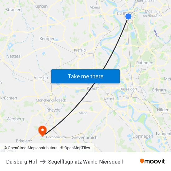 Duisburg Hbf to Segelflugplatz Wanlo-Niersquell map