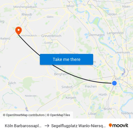 Köln Barbarossaplatz to Segelflugplatz Wanlo-Niersquell map