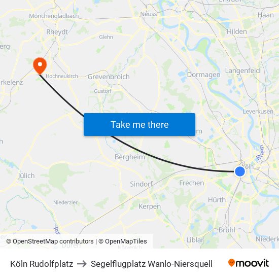 Köln Rudolfplatz to Segelflugplatz Wanlo-Niersquell map