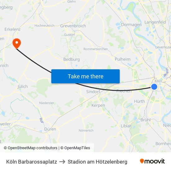 Köln Barbarossaplatz to Stadion am Hötzelenberg map