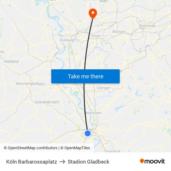 Köln Barbarossaplatz to Stadion Gladbeck map