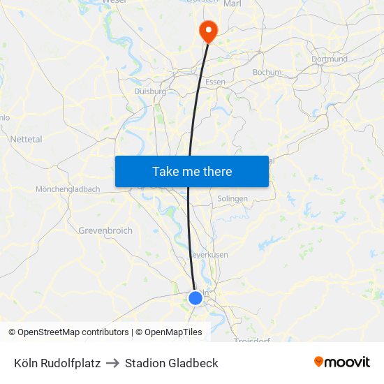 Köln Rudolfplatz to Stadion Gladbeck map