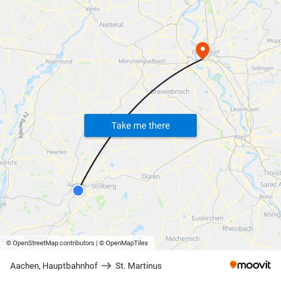 Aachen, Hauptbahnhof to St. Martinus map