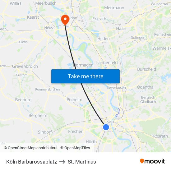 Köln Barbarossaplatz to St. Martinus map