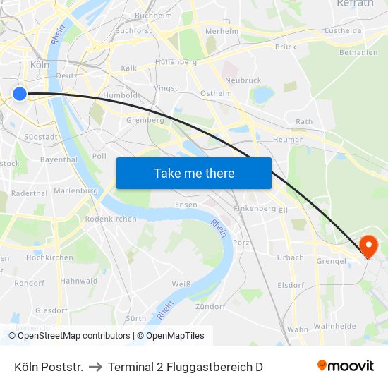 Köln Poststr. to Terminal 2 Fluggastbereich D map