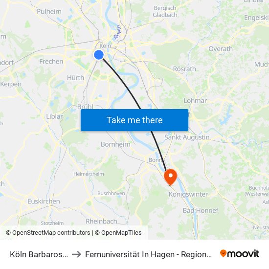 Köln Barbarossaplatz to Fernuniversität In Hagen - Regionalzentrum Bonn map