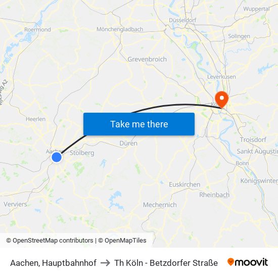 Aachen, Hauptbahnhof to Th Köln - Betzdorfer Straße map