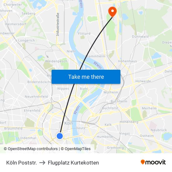 Köln Poststr. to Flugplatz Kurtekotten map