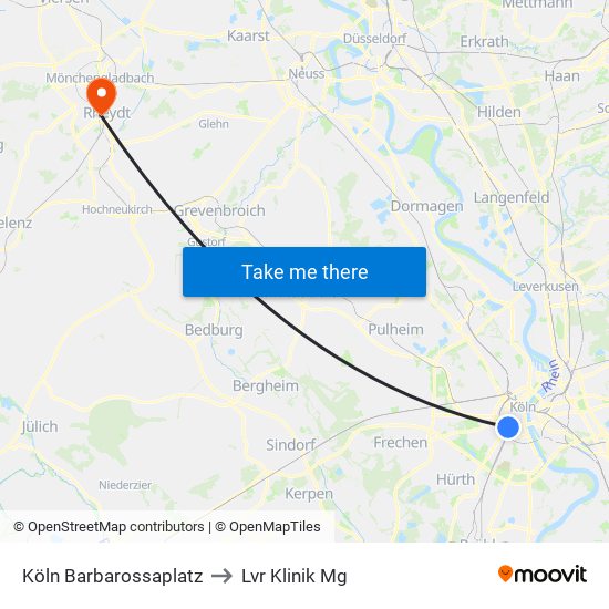 Köln Barbarossaplatz to Lvr Klinik Mg map