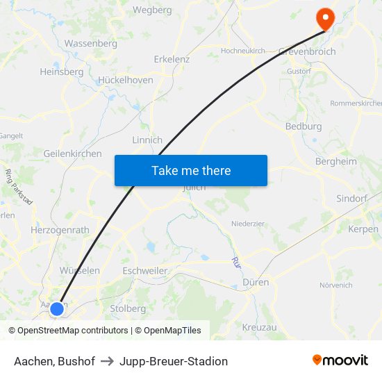 Aachen, Bushof to Jupp-Breuer-Stadion map