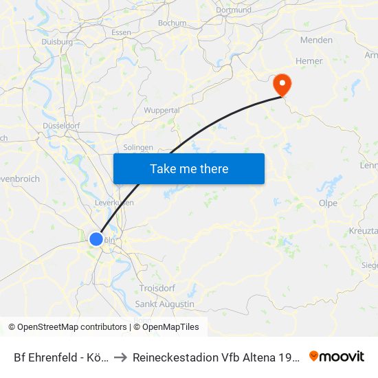 Bf Ehrenfeld - Köln to Reineckestadion Vfb Altena 1912 map