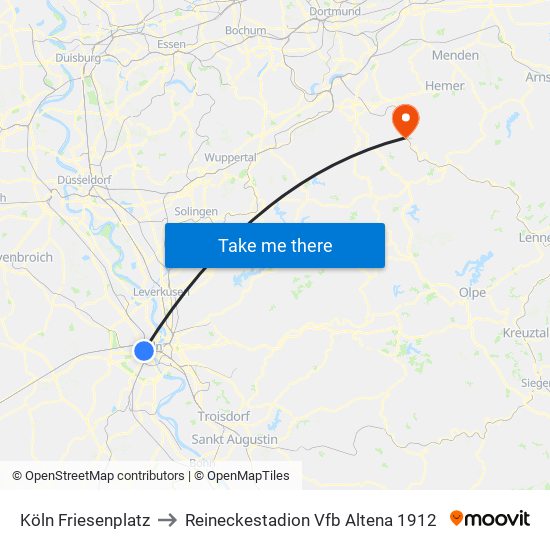 Köln Friesenplatz to Reineckestadion Vfb Altena 1912 map