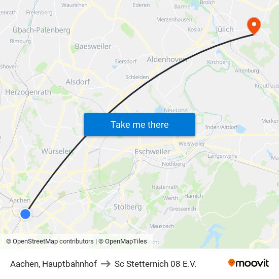 Aachen, Hauptbahnhof to Sc Stetternich 08 E.V. map