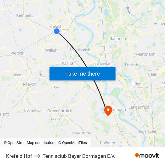 Krefeld Hbf to Tennisclub Bayer Dormagen E.V. map