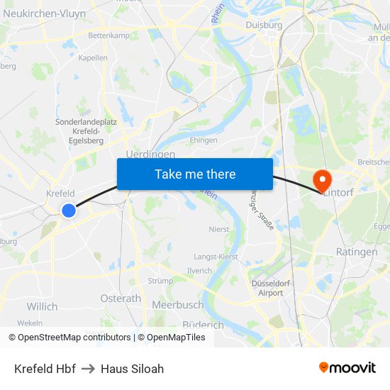 Krefeld Hbf to Haus Siloah map