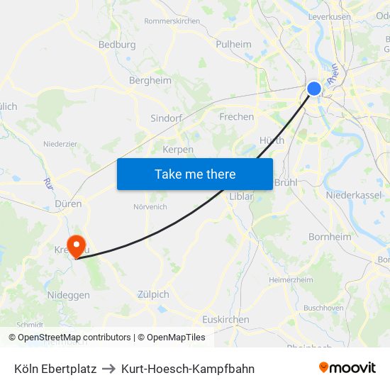 Köln Ebertplatz to Kurt-Hoesch-Kampfbahn map