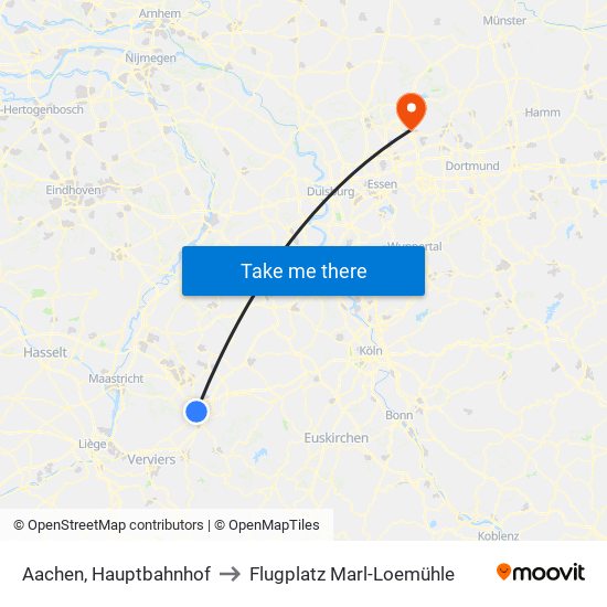 Aachen, Hauptbahnhof to Flugplatz Marl-Loemühle map