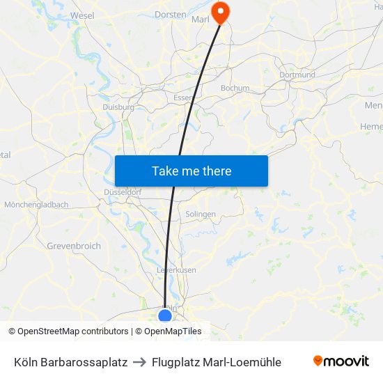 Köln Barbarossaplatz to Flugplatz Marl-Loemühle map