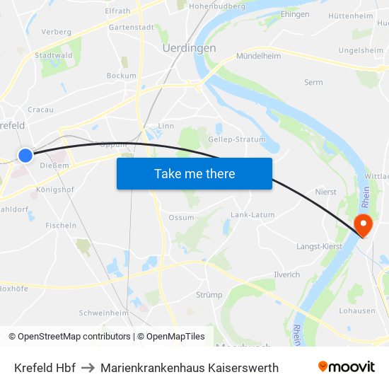 Krefeld Hbf to Marienkrankenhaus Kaiserswerth map