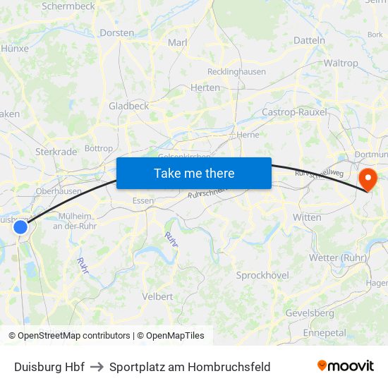 Duisburg Hbf to Sportplatz am Hombruchsfeld map