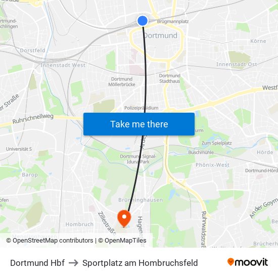 Dortmund Hbf to Sportplatz am Hombruchsfeld map