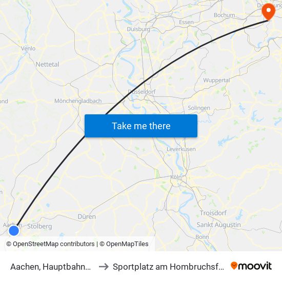 Aachen, Hauptbahnhof to Sportplatz am Hombruchsfeld map