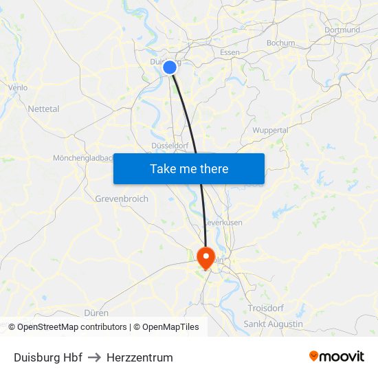 Duisburg Hbf to Herzzentrum map