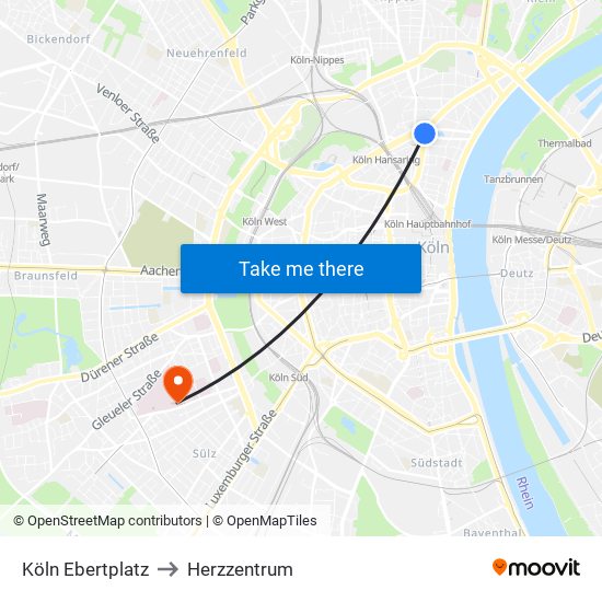 Köln Ebertplatz to Herzzentrum map